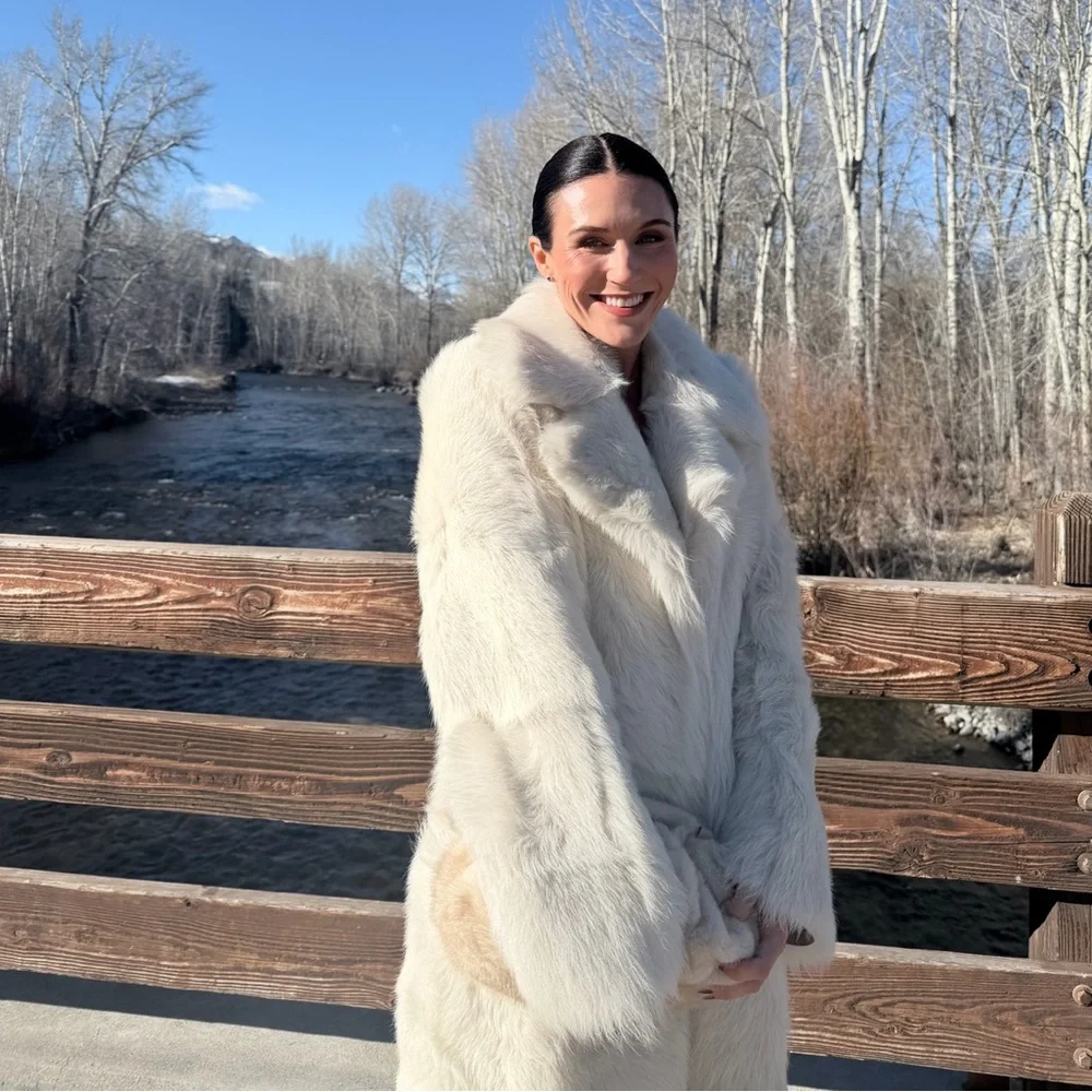 Nour Hammour Evita Long Luxurious Shearling Coat in Cloud - Picture 2 of 7
